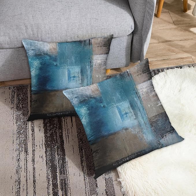 Britimes Throw Pillow Covers Modern Home Art Decor, 18 x 18 Inches Set of 2 Pillow Cases Decorative, Abstract Oil Painting Pillowcases for Bedroom, Living Room, Cushion Couch Sofa, Teal Grey