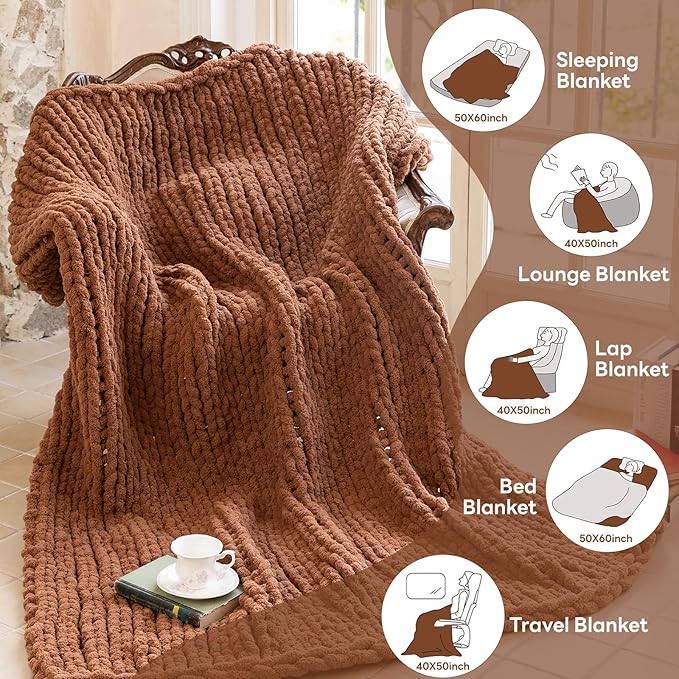 Chunky Knit Blanket - Luxury Soft Cozy 50 * 60 Throw Blanket,100% Woven Blanket Rope Knot Throw Blanket for Couch, Sofa, Home Decor, Gift - Machine Washable (Reddish-Brown, 50 * 60)