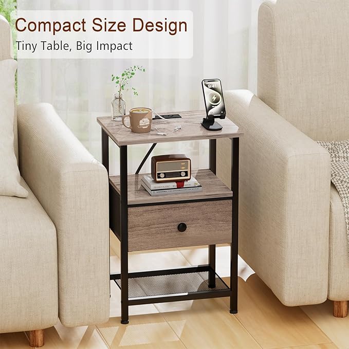 Night Stand with Charging Station, Small Bedside Table with Fabric Drawer, Nightstand with USB Ports & Outlets for Bedroom, Living Room, Grey, HETS010GY-1