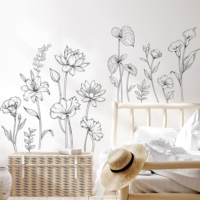 Large Black and White Flower Wall Decals Simple Modern Minimalist Garden Flower Wall Stickers Peel and Stick Floral Wall Art Decor for Girls Bedroom Living Room Office Adult Home Decor Gift for Mom
