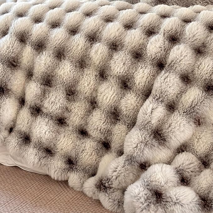 Luxury 1000GSM Double-Sided 3D Bubble Throw Blanket, 50x60 Inches, Reversible Two-Tone Faux Rabbit Fur, Frosted Black & Brown White-Tipped, High-Density Ultra Soft Warm Blanket for Sofa