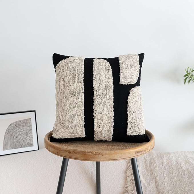 Black Cream Boho Chunky Tufted Pillow Cover, Neutral Decorative Square Throw Pillow Case, Geometric Woven Modern Sham for Bed Couch Living Room, 18x18 inches, 1PCS