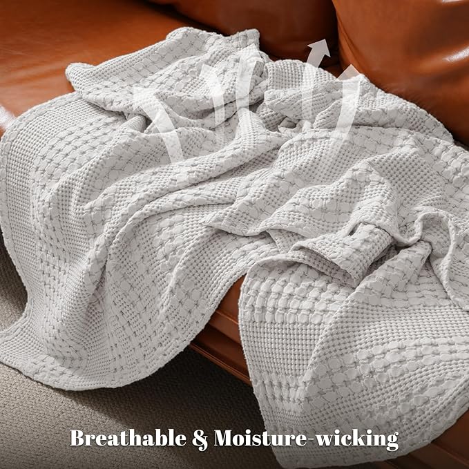 PHF 100% Cotton Waffle Weave Blanket Queen Size for Bed, Soft Lightweight & Breathable for Spring and Summer, All-Season Comfort, Luxury Aesthetic Blanket for Home Decor, 90"x90", Light Grey
