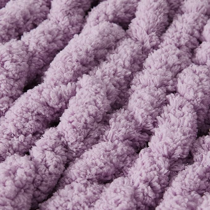 WESHIONGOO Chunky Knit Blanket Throw 51"×63" Knitted Throw Blankets for Couch Bed Fluffy Soft Blanket with Jumbo Chenille Yarn Thick 100% Handmade(Lilac)