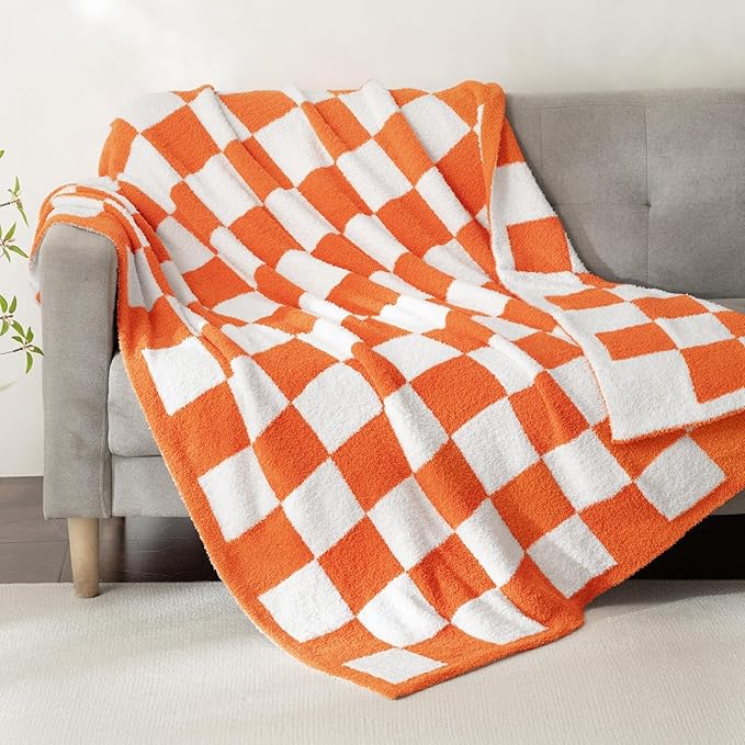 Whale Flotilla Checkered Knit Throw Blanket, Ultra Soft Warm Reversible Cozy Decorative Blankets for Couch Sofa and Bed, 50x60 Inch, Orange