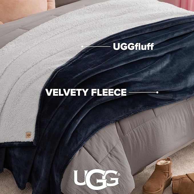 UGG Nita King Blanket for Bed, Cozy Fuzzy Blanket, Ultra Soft Cal King Bedding, Oversized Throw for Couch, Luxury Bedroom Decor, 110-inch x 90-inch, Navy Blue