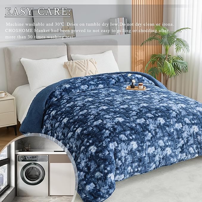 CHOSHOME Sherpa Fleece Blanket- Thick Warm Blanket for Winter, Soft Fuzzy Plush Blanket for Bed, Couch, Travel (Tie Dye Blue, Cal King 96" x 102")