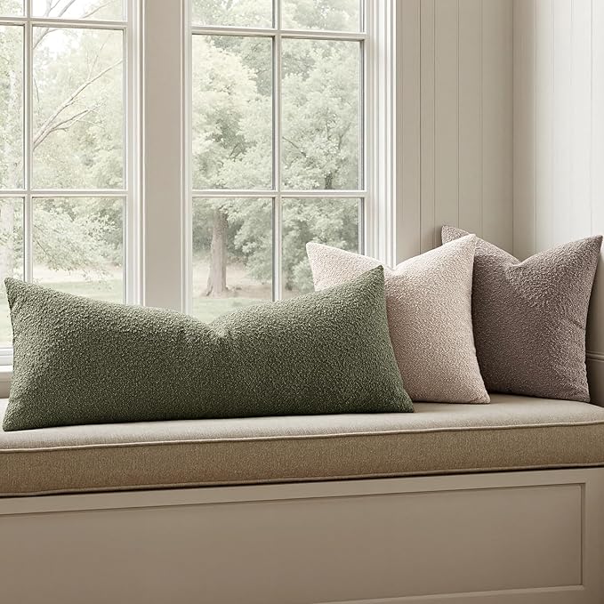 MIULEE Textured Boucle Throw Pillow Cover Olive Green Accent Solid Lumbar Pillow Case Spring Decorative Soft Pack of 1 Couch Cushion Chair Sofa Bedroom Livingroom Home Decor,36x14 Inch