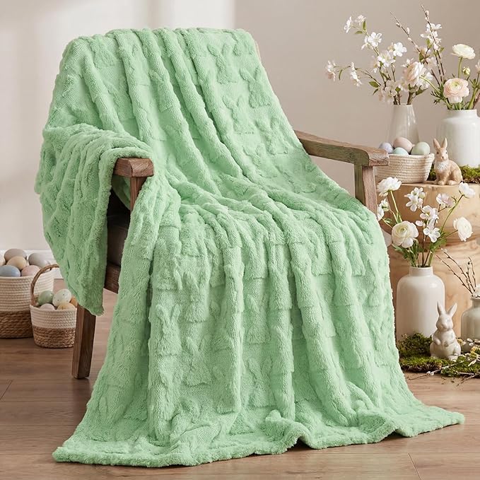 Horaldaily Easter Solid Blanket Throw, Green Rabbits Soft Fuzzy Plush Faux Fur Cozy Blankets for Couch Sofa Bed Lounging, Ideal Gifts for Kids Adults Wife Self, 60x80