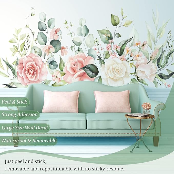 Flowers Leaves Wall Decals Peel and Stick, Large Hanging Floral Vinyl Wall Stickers, Removable Vine Home Decor Art for Bedroom Living Room Classroom Office