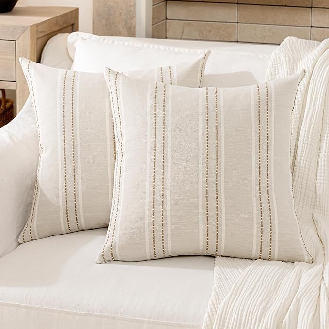 Hckot Throw Pillow Covers 22x22 Set of 2 Tan Pillow Covers Farmhouse Decorative Pillows Textured Linen Square Cushion Covers for Sofa Couch Bed Living Room Decor(Tan)