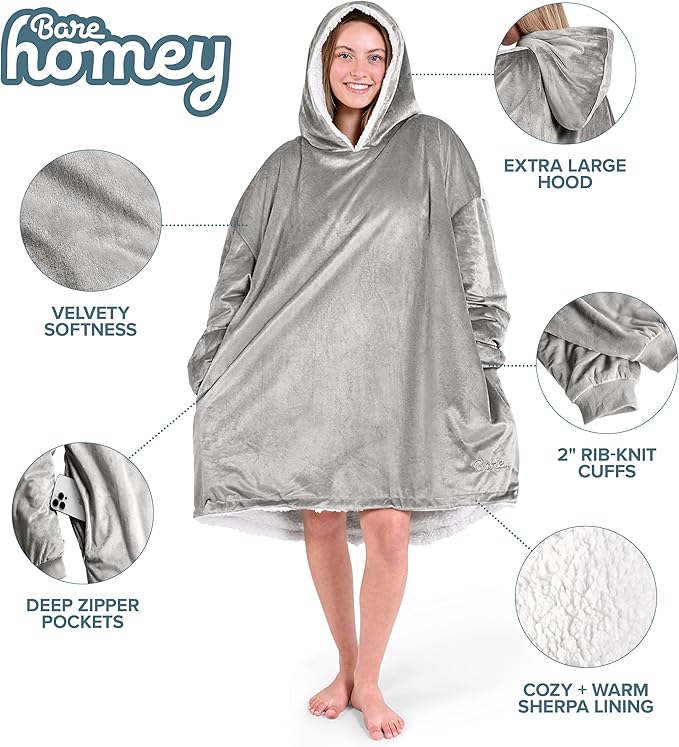 Bare Home Wearable Blanket Hoodie - Soft Plush Sherpa - Warm and Cozy - Oversized Wearable Blanket - Adult & Kid Sizes