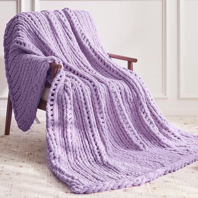 Chunky Knit Throw Blanket, 80''*90'' Knitted Throw Chenille Yarn for Bed Couch, Handmade Light Purple Crochet Big Thick Blanket, Machine Washable Cute Comfy Blanket for Home Decor