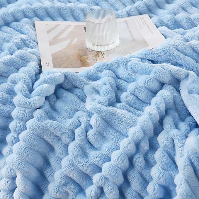 Light Blue Throw Blanket for Couch Sofa 50x60 inches Striped Fleece Blankets Room Home Decor Lightweight Plush Soft Cozy Gifts for Women Mom Girls