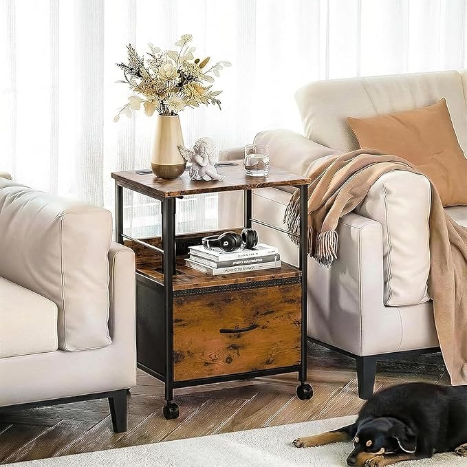 360° Swivel Nightstand with Height Adjustable, Lift Top Bedside Table with Charging Station, Rolling Night Stand with Fabric Drawer, End Table with Wheels, for Bedroom, Living Room, Rustic Brown