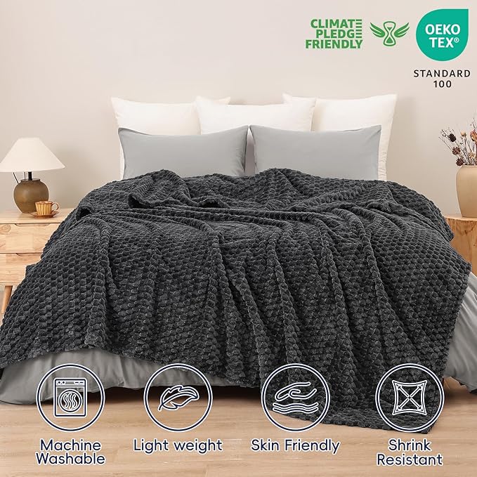 PHF Ultra Soft Flannel Fleece Blanket King Size, Lightweight 3D Jacquard Fleece Blanket, No Shedding, No Pilling, Luxury 340GSM Aesthetic Fluffy Cozy for Bed Room Decor, 108"x90", Dark Grey