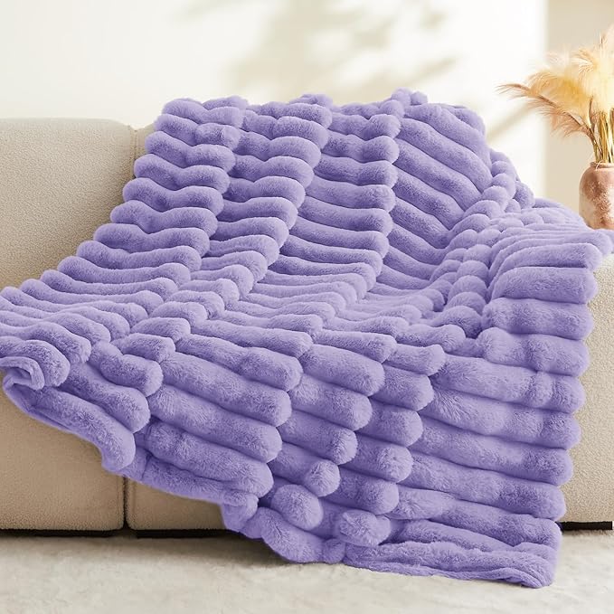 BEDELITE Faux Fur Throw Blanket for Couch, Soft and Cozy Luxurious 3D Striped Purple Fluffy Blanket, 770GSM Thick Warm Plush Fuzzy Faux Rabbit Fur Blanket for Women Gift (Lavender, 50"x 60")