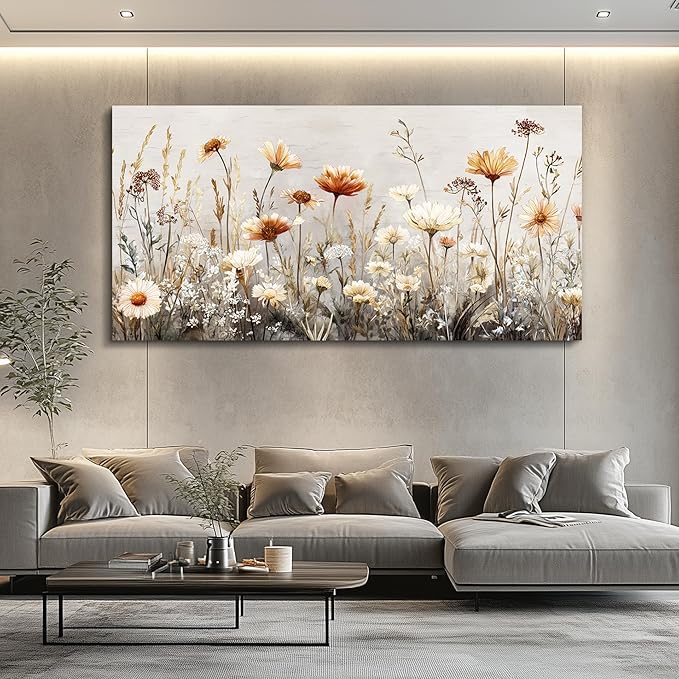 QIYILEXWART Large Wall Decor For Living Room Canvas Wall Art For Office Modern Wall Decorations For Bedroom Neutral Wildflower Landscape Painting Farmhouse Pictures Artwork Home Decor 24x48