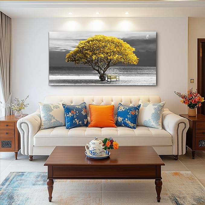 wall art for living room Decorations Photo Prints - panoramic black and white with yellow trees The moon scenery - Modern Home Decor The room Stretched and Framed Ready to Hang artwork 24X48inches