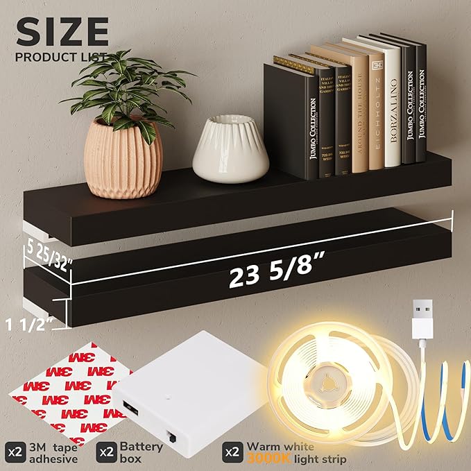 BAMEOS Floating Shelves with LED, 24" W x 6" D Display Wall Shelf, Decor Wall Mounted Shelves, Set of 2, Hanging Shelf for Bathroom Kitchen Living Room Bedroom Storage,Black