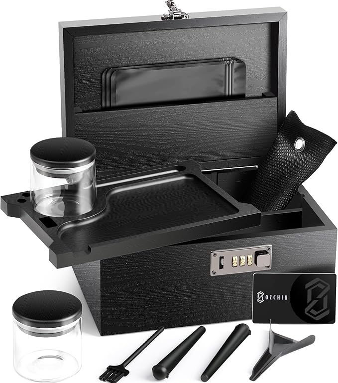 OZCHIN Large Bamboo Box with Combination Lock Decorative box for Home Great Gift Choice Storage Lockbox with Storage Jar, Gifts for Men Women (Black, 10 x 6.9 x 5 inches)