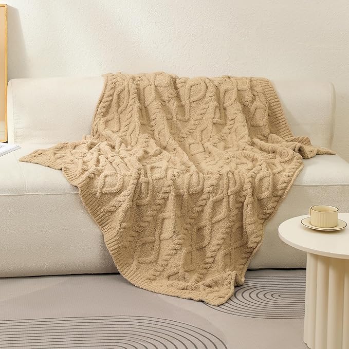 bearberry Plush Fleece Blanket Ultra Cozy & Warm Cable Knit - Machine Washable Throw for Living Room, Bedroom, Office | Lightweight Fuzzy Blanket for Adults, Kids, Pets (Camel, 40”x50”)