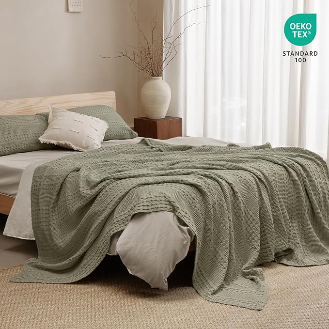 PHF 100% Cotton Waffle Weave Blanket Twin Size for Bed, Soft Lightweight & Breathable for Spring and Summer, All-Season Comfort, Luxury Aesthetic Blanket for Home Decor, 66"x90", Dusty Sage