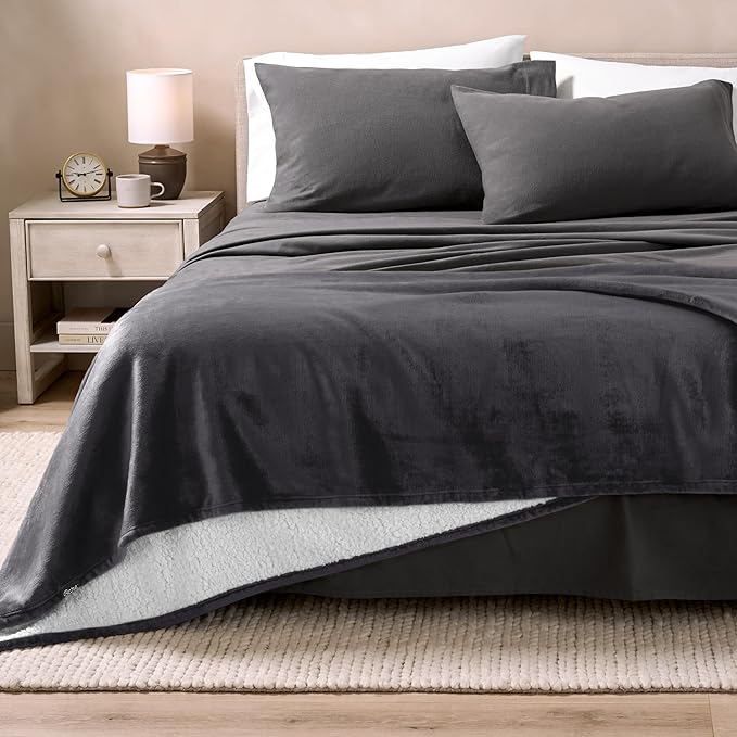 Bare Home Sherpa Fleece Blanket - Throw/Travel Size - Blanket for Bed, Sofa, and Couch - Warm & Lightweight - Fluffy & Soft - Reversible (Throw/Travel, Forged Iron Grey)