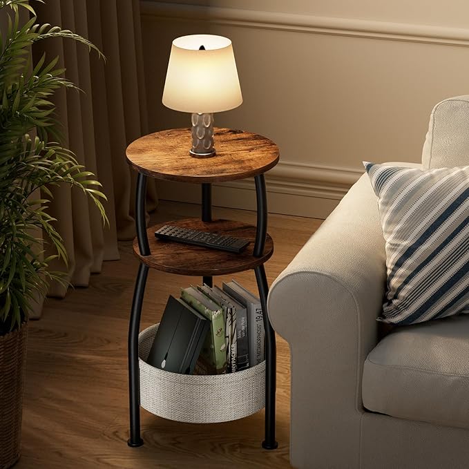 Small Side Table for Small Spaces with Storage Basket, Round End Table 3-Tier NightStand Sofa Corner Table for Living Room, Bedroom, Patio and More 24in Tall Rustic Brown