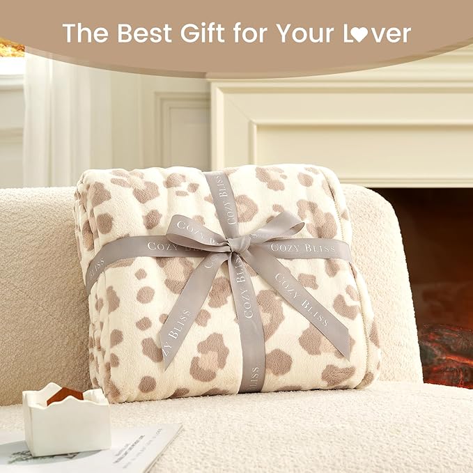 Cozy Bliss Leopard Print Fuzzy Throw Blanket for Bed & Couch, Thick Soft Warm Fleece Blankets for Room Decor, for Kids, Women Men Girls, Khaki Brown Cheetah 60"*80"