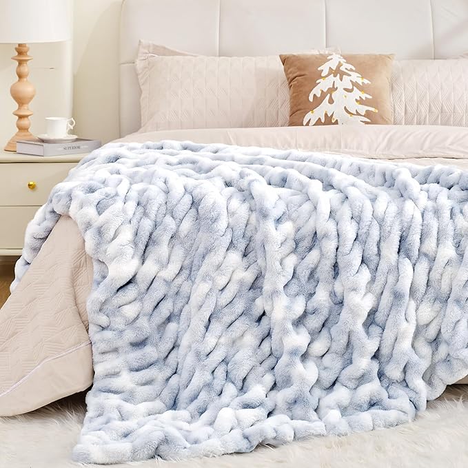Touchat Ruched Faux Rabbit Fur Throw Blanket, 700 GSM Luxury Dual-Sided Soft Cozy Blanket, Fuzzy Fluffy Plush Blanket for Bed, Couch and Sofa - 50"x60", Tie-dye Blue
