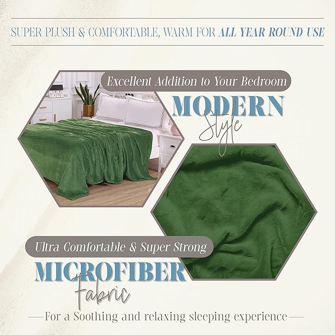 Elegant Comfort Luxury Velvety Feel Blanket, All-Season Lightweight Blanket, Ultra Plush, Soft, Cozy-Fuzzy Flannel Fleece for Couch, Sofa, Bed, Travel, Solid Design, King/California King, Green