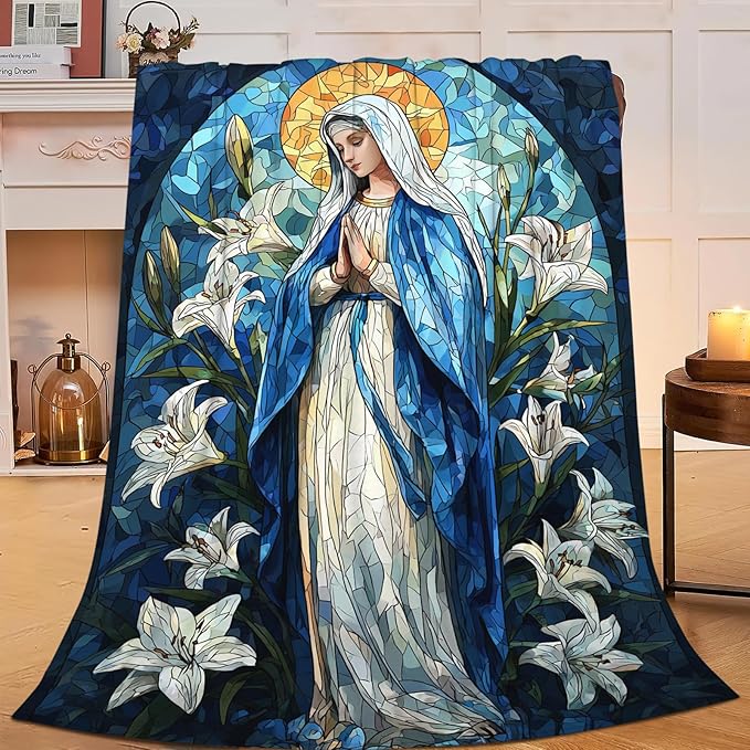 Virgin Mary Blanket for Girls Women Men Adults Soft Cozy Fleece Christian Mother of God Throw Blankets Healing Catholic Gifts Warm Flannel Plush Lightweight Decor for Couch Bed Sofa 60"X50"