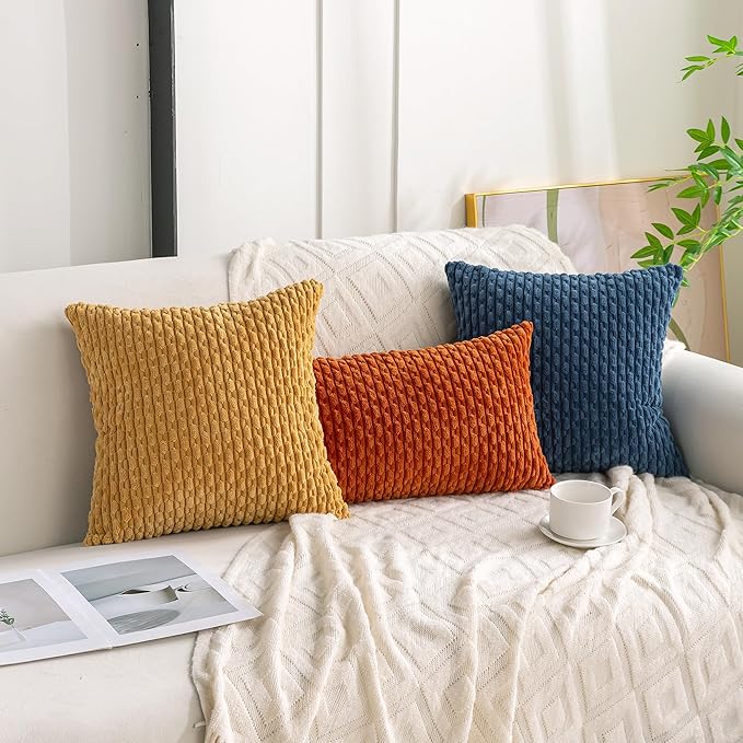 Set of 4 Blue Decorative Throw Pillow Covers 24x24 Inch Corduroy Pillow Covers for Bed Couch Sofa Living Room Soft Square Cushion Cases