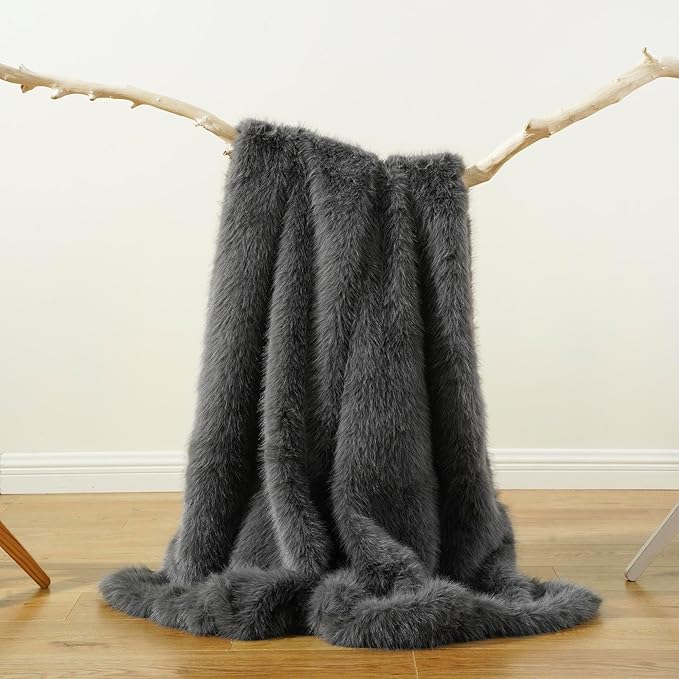BATTILO HOME Luxury Fluffy Grey Faux Fur Throw Blanket, Cozy Warm Fur Blanket for Couch, Sofa, Chair, Bed, Plush Fuzzy Fur Throws with Long Pile, 50"x60"