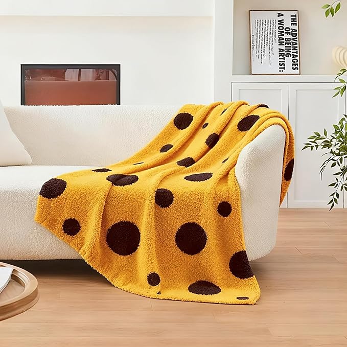 CozeCube Super Soft Fullfy Microfiber Reversible Knitted Blankets, Warm Cozy Fuzzy Plush Throw, Black and Yellow Polka Dot Throw Blanket for Couch Bed Sofa, 50" x 60"