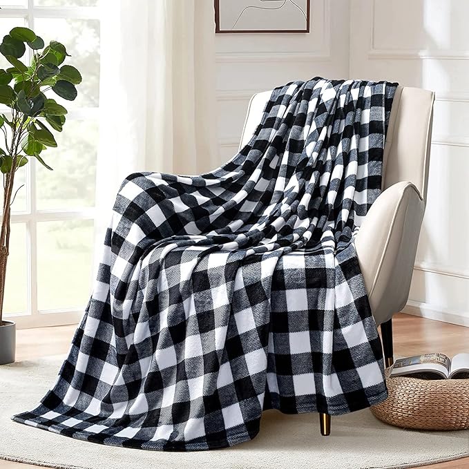 MACEVIA Flannel Fleece Throw Blanket for Couch, Buffalo Plaid Blanket Black and White, Lightweight Cozy Soft Blanket for Bed Sofa 260GSM, Suitable for All Seasons (White Black Checkered,60x50inches)