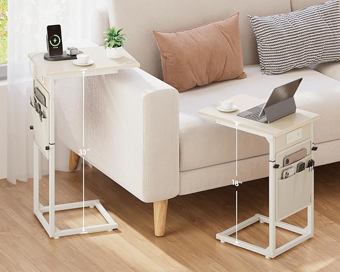 Vagusicc C Shaped End Table with Charging Station, Adjustable Height Side Table for Couch, Small Sofa Table C Table End Table, Slide Under Couch Table TV Tray Arm Table for Living Room, Bedroom, Cream