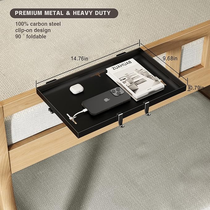 Foldable Bedside Shelf, Metal Clip-On Bunk Bed Table Shelf for Top Bunk Heavy Duty Bed Side Table Tray for College Dorm Room Essentials, Loft Nightstand Organizer Tray with 3 Cord Hole(Black)