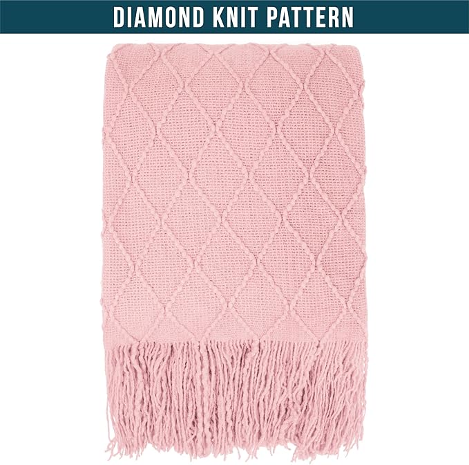 PAVILIA Light Pink Knit Throw Blanket for Couch, Twin Bed, Soft Knitted Farmhouse Sofa Throw for Living Room, Lightweight Decorative Summer Blanket for Chair, Outdoor Textured Boho Blanket, 60x80