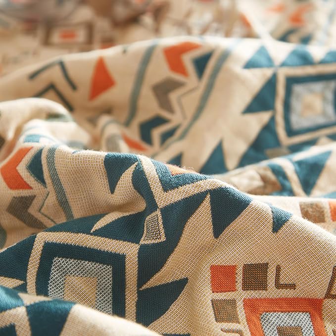 Boho Throw Blanket for Couch Sofa Bed, 100% Cotton Woven Quilt with Tassel 60”x80”, Super Soft Muslin Blanket with Patchwork Printed, Decorative Reversible Bed Blanket/Cover for All Seasons