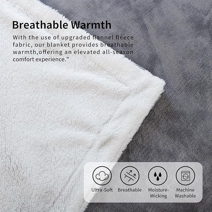 K.Garden Sherpa Fleece Throw Blanket for Couch Sofa, Super Soft Cozy Fuzzy Plush Blankets Fleece Thick Warm Blanket for Winter Reversible Thick Warm Blanket for Bed, Sofa, Grey 6080