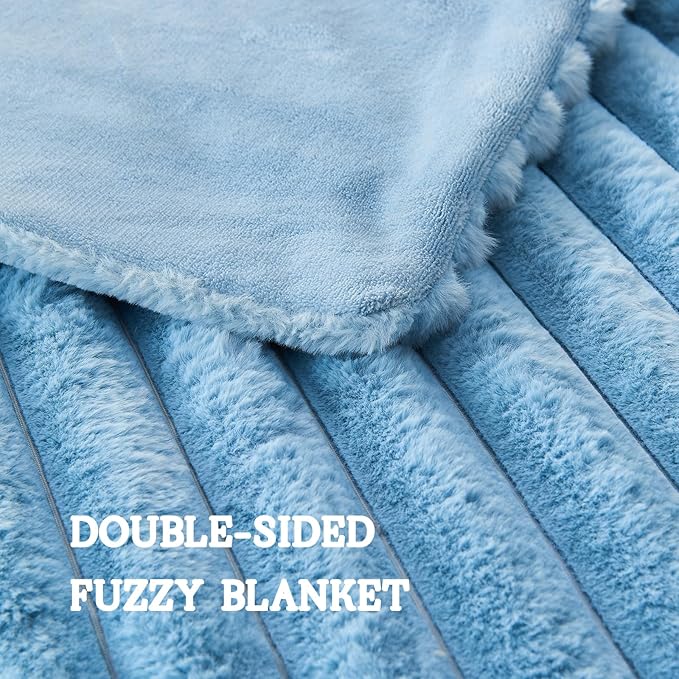 Lotus Karen Faux Fur Blanket for Bed Queen Size, Cozy Soft Fluffy Fuzzy Blue Blanket, Striped Warm Thick Furry Plush Shaggy Large Blankets for Women, 90x90