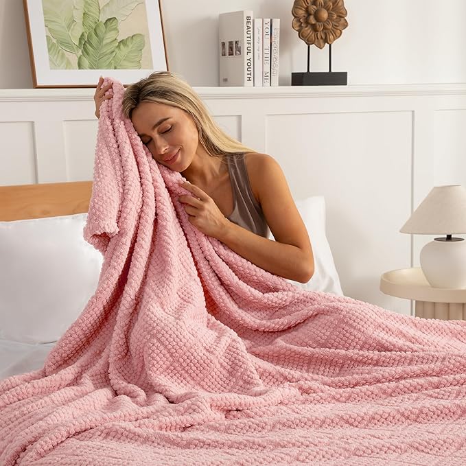 Whale Flotilla Fuzzy Fleece Queen Size Blanket for Bed, Soft Fluffy Jacquard Waffle Blankets for All Season, Lightweight and Warm, 90x90 Inch, Pink