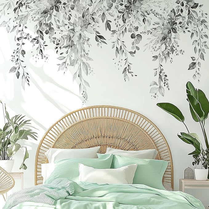 Gray Plants Leaves Wall Decals Peel and Stick, Large Floral Flowers Vinyl Wall Stickers, Removable Vine Home Decor Art for Bedroom Living Room Classroom Office