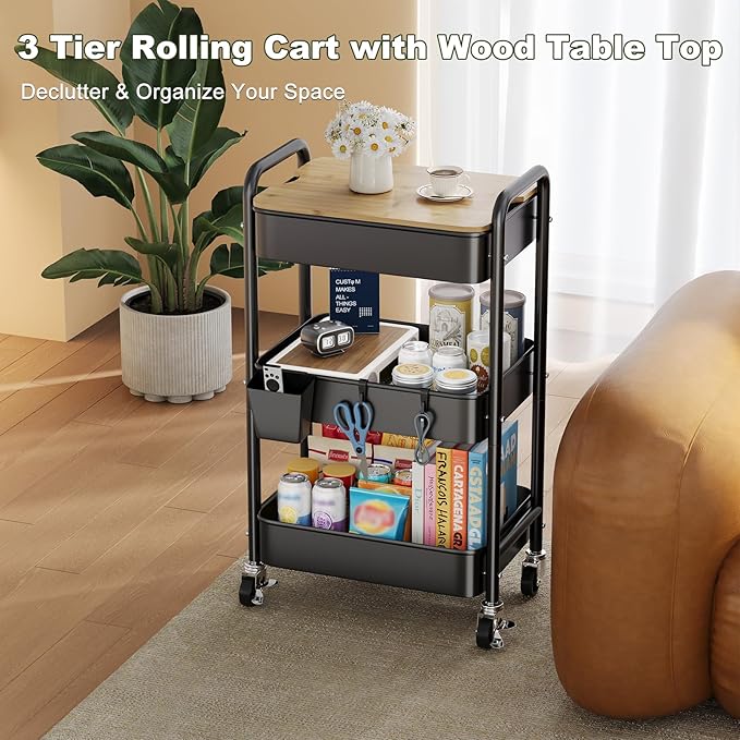 3 Tier Rolling Cart with Wood Table Top, Rolling Cart Table on Lockable Wheels,Rolling Side Table with Storage, Black Utility Carts for Arts and Crafts, Dorm, Medica, Laundry Room, Roller Book Shelf