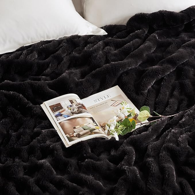 Hyde Lane Luxury Ruched Faux Fur Throw Blanket | Ultra Soft Cozy Puzzy Throw | Plush Black Mink Blankets for Sofa, Couch, Living Room, 60"x80"