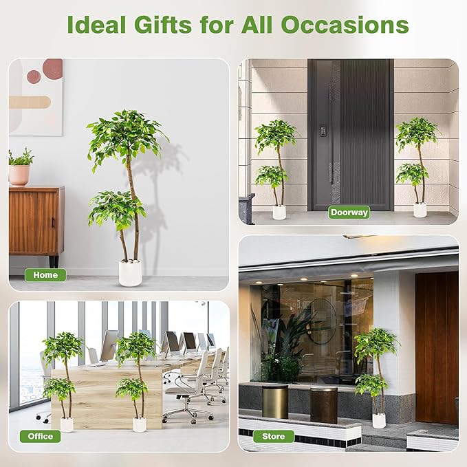 4FT Artificial Ficus Tree with White Planter and Pebbles,Faux Silk Tree with Lifelike Leaves and Realistic Trunk,Tall Fake Potted Plant for Home and Office Décor Indoor and Outdoor (4FT)