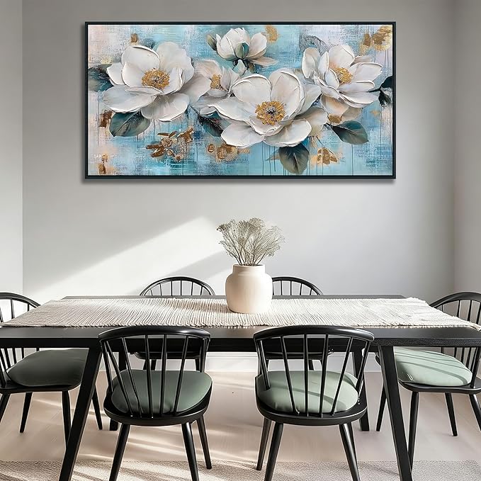 Ardemy Flower Teal Wall Art Framed Canvas for Living Room White Gold Floral Magnolia Canvas Painting, Bedroom Picture Textured Artwork Tranquil Home Office Wall Decor, Large Black Wood 48"x24"