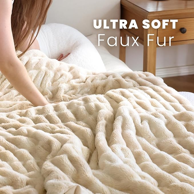 Ultra Soft Faux Rabbit Fur Throw Blanket, Cozy Fuzzy Blanket for Couch Bed, Plush Warm Decor Gifts, Luxury Thick Fluffy Blanket for Women & Men, 60x80 inches, Tie-Dyed Khaki